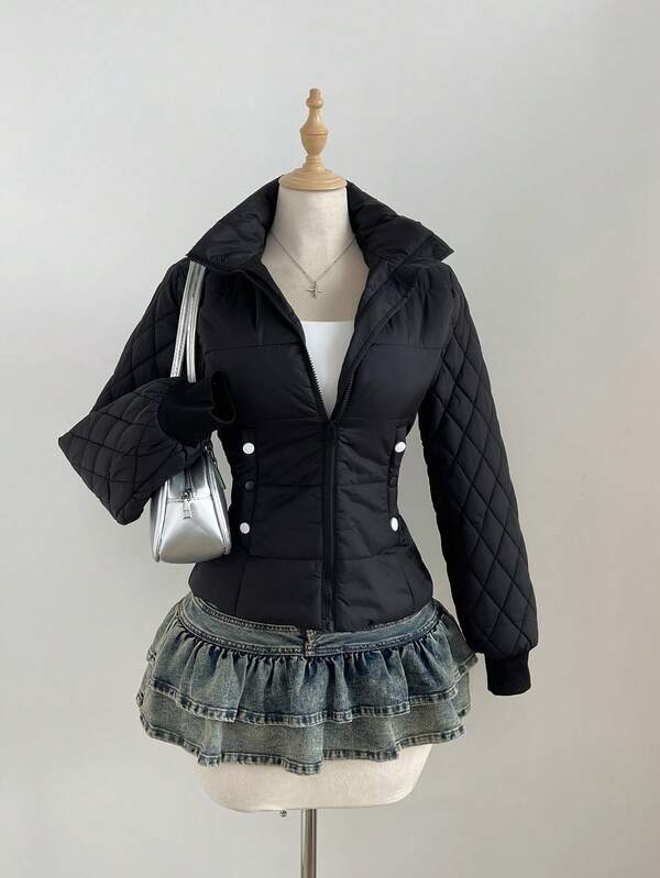 Elamini Abrigo acolchado negro para mujer con cintura ceñida, mangas largas, bolsillos, cuello alto, elegante para uso diario, ir y venir, versátil, otoño/invierno