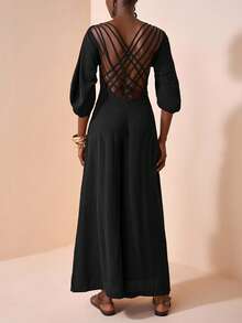 Zivah 2025 年秋季新款音乐节、复活节、圣帕特里克节、西部风、游牧风、生日派对、毕业典礼、学院风、学生装、日常休闲、百搭百搭、休闲、邮轮旅行、海滩、日光浴、病毒式传播、街头服饰、婚礼宾客波西米亚风、通勤、早午餐、机场、V 领 3/4 袖长款连体裤，采用棕色纹理褶皱面料，背部交叉设计 - 黑色 - 查看 3