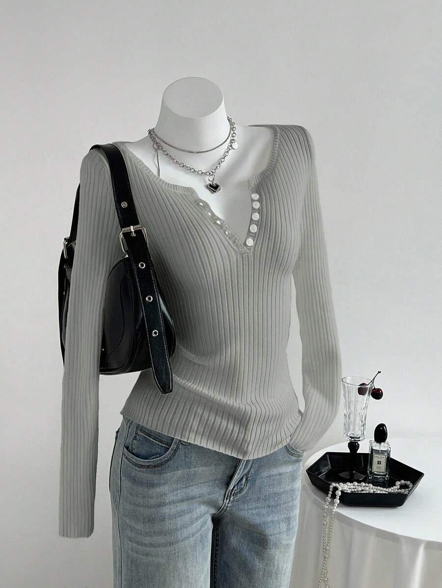 Elamini 女式纽扣设计V领长袖修身休闲罗纹毛衣 - 灰色 - 查看 1