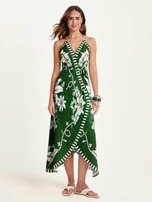 CAJUNI Robe à imprimé floral avec col ras-du-cou, dos nu et lien à la taille, idéale pour les vacances - Multicolore - Voir 8
