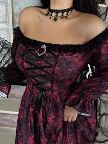 Lyrianda Plus Size Women's Autumn/Winter Off Shoulder Long Sleeve Ruffle Trim Bow Tie Waist A-Line Rose Print Elegant Vintage Cute Palace Style Romantic Maxi Dress
