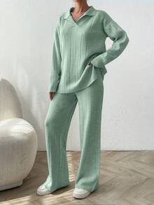 EURMUSE 2buc/Set Pulover tricotat largi cu guler polo cu nervuri uni - Menta verde - Vizualizare 4