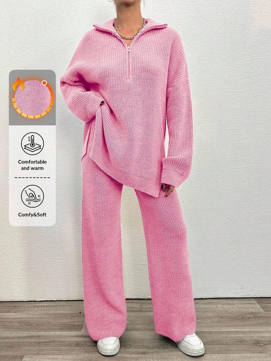 EURMUSE 2 件套女士纯色拉链半襟落肩长袖宽松毛衣和针织裤休闲套装，秋冬