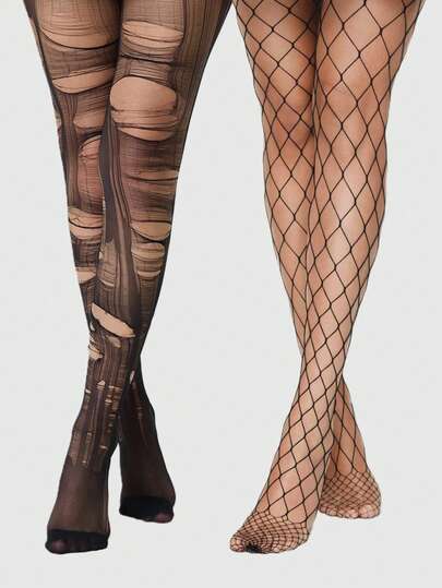Grunge Punk 1 Pair Of Minimalist Black Stockings + 1 Pair Of Minimalist Fishing Net Socks, Daily Versatile Basic Pantyhose Combination, Sexy Ultra-Thin Elastic Stockings (The Picture Is For Reference Only, The Actual Product Needs To Be Torn By The Customer)