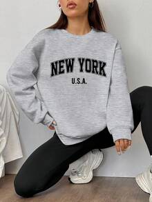 SHEIN EZwear 2 件纽约图案印花宽松圆领运动衫和紧身打底裤套装，春秋 - 彩色 - 查看 3