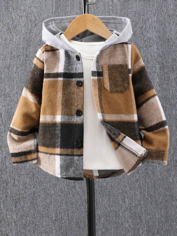 SHEIN Young Boy Plaid Patched Pocket Hooded Coat Without Tee
