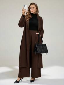 Auralis 大码女装春秋季时尚休闲宽松舒适日常百搭修身长款西装外套和阔腿裤棕色套装，复古富贵风格，商务休闲女装，女士办公室着装，职业装，秋季服装 - 咖啡棕 - 查看 5