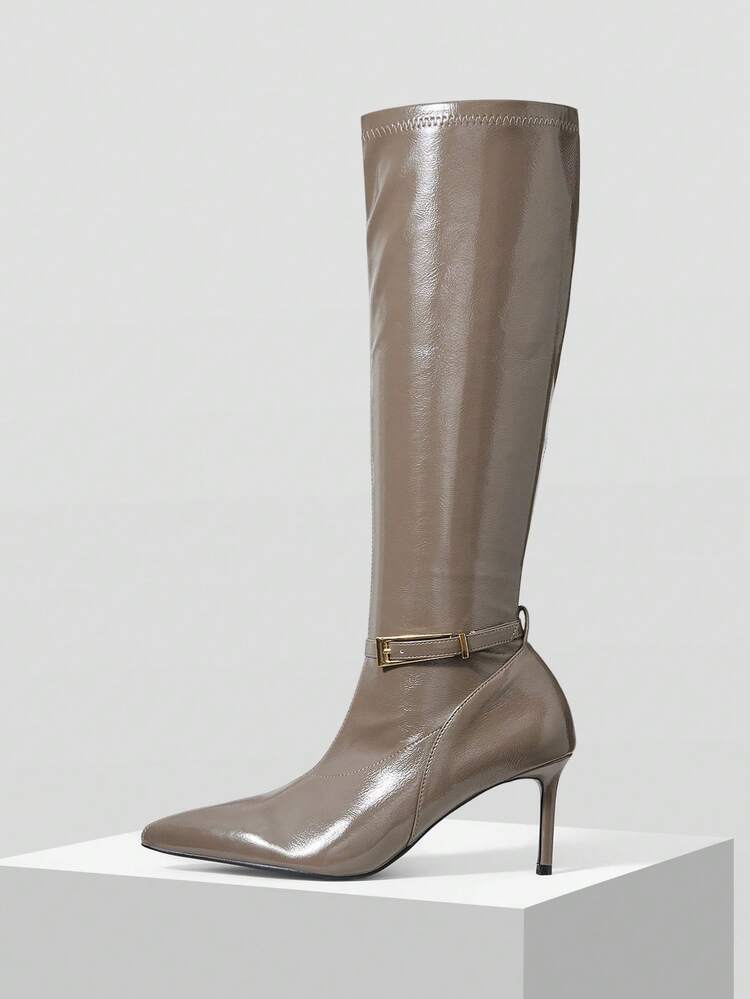WOMEN'S FASHION METAL BUCKLE POINTED TOE STILETTO KNEE-HIGH BOOTS, SUITABLE FOR DATES AND PARTIES FOR CHRISTMAS