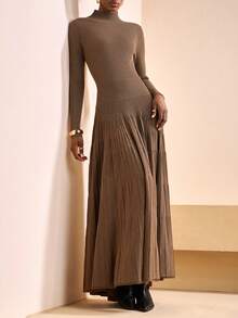 Zivah 2025秋冬新款 音乐节,复活节,圣帕特里克节,西部风,游牧风,生日派对,毕业典礼,日常休闲,百搭,休闲,邮轮旅行,海滩,日光浴,网络爆红,街头潮流,婚礼嘉宾,优雅,通勤,早午餐,机场,高领长袖A字褶皱连衣裙,咖啡色针织连衣裙 - 咖啡棕 - 查看 3