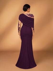 Serin 优雅浪漫奢华黑色弹力针织撞色网眼不对称荷叶边肩部美人鱼下摆连衣裙，适合晚会、单身派对、约会、舞会、度假、婚礼、新娘母亲礼服 - 紫色 - 查看 3