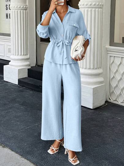 EMERY ROSE 2件套女士纯色长袖上衣和裤子套装