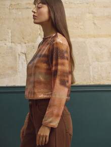 lacRébo Pink And Brown Gradient Sequin Cropped Sweater With Long Sleeves, Chic Fall-Winter Party Top Shiny Top Premium Sparky Top  New Year Party Outfits - Orange - View 7