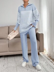 EURMUSE Women Stripe Pattern Zip Detailed Neck Drop Shoulder Pullover & Sweater Pants Set - Baby Blue - View 2