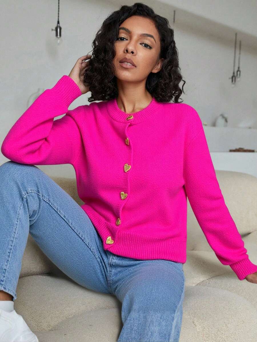 EURMUSE Vibrant Pink Crew Neck Cardigan With Heart-Shaped Gold Buttons And Ribbed Cuffs - Pink - View 1