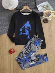 男童夜光篮球印花柔软舒适贴身睡衣套装，长袖上衣和裤子，睡衣，秋冬 - 黑色 - 查看 4