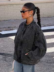 Muchica 女士时尚立领插肩袖宽松短款休闲牛仔夹克 - 黑色 - 查看 5