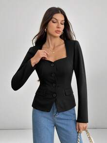 SHEIN Tall Blazer casual de moda minimalista y liso para mujer, ropa de otoño e invierno para mujeres, mujeres altas - Negro - Ver 3