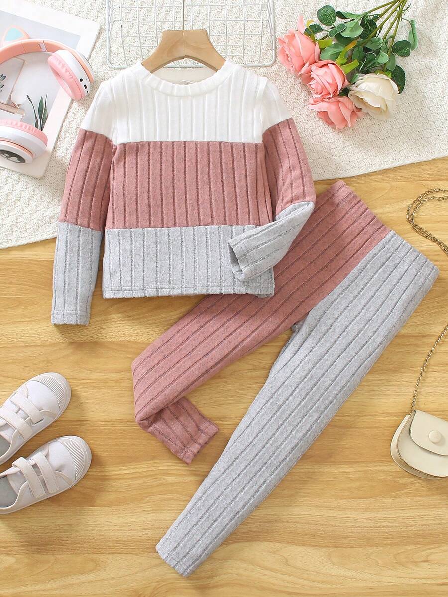 Young Girl' Colorblock Round Neck Long Sleeve Top And Pants Set - Pink - View 1