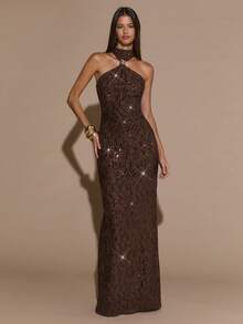 SHEIN BAE 棕色露背金属扣缀饰直筒亮片优雅连衣裙，适合鸡尾酒会、浪漫约会、秋冬分层连衣裙、派对、正式聚会、万圣节连衣裙、圣诞节连衣裙 - 棕色 - 查看 4