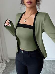 Selianne 2pcs Women Knit Patchwork Elegant Long Sleeve Top And Vest Set - Olive Green - View 4