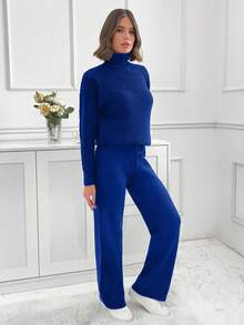 EURMUSE Turtleneck Drop Shoulder Sleeve Sweater And Pants Set,Co Ords Sets Women,Petite Co Ord,Co Ord,Petite,Winter Clothes - Blue - View 5