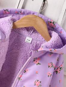 SHEIN 女婴秋冬新款休闲可爱碎花粉色小花保暖外套加厚连帽保暖外套女婴外套幼儿女童碎花外套女婴冬季外套 - 紫色 - 查看 3