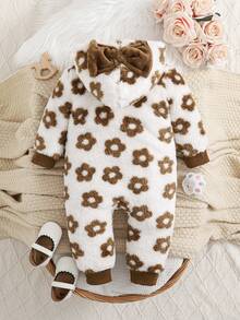 SHEIN Infant Floral Print Fleece Jumpsuit, Stylish - Brown - View 2