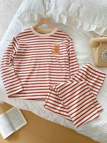 2pcs/Set Tween Boys Casual Bear & Letter Print Long Sleeve Crew Neck Top And Striped Loose Pants Pajama Set, Comfortable Home Wear Striped Kids Pajamas Kids Pajama Set Boy Pjs Set Kids Pj Set Kids Loungewear Boys Sleeping Clothes Kids Pj Sets Kids Long Pajama Sets - Multicolor - View 4