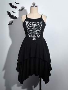 Sweetra Young Tween Girls' Casual Street Skull Halloween Strap Asymmetrical Hem Cosplay Dress - Black - View 1