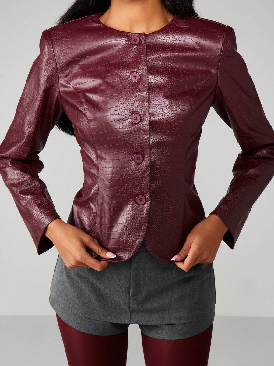 MISSGUIDED Áo khoác da họa tiết cá sấu màu đỏ tía cài nút phía trước, tay dài, vừa vặn, mặc mùa thu đông, công sở, Giáng sinh - Màu Đỏ Sâu - Xem 1