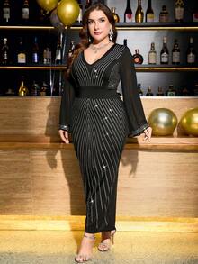 SHEIN Clasi 大码时尚派对喇叭袖水晶装饰连衣裙 - 黑色 - 查看 6