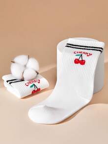 LUVLETTE 1 Pair Women Cute Cherry Pattern Round Neck Socks, Suitable For School Students Daily Life, Fall