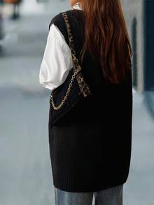 Calvaya Plus Size Women V-Neck Casual Loose Knitted Vest, Autumn/Winter - Black - View 2