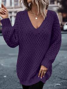 SHEIN LUNE 休闲纯色落肩宽松针织毛衣，秋冬 - 紫色 - 查看 3