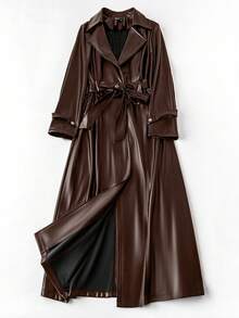 SHEIN Unity Plus Size Casual Loose Fit Notched Collar Trench Coat, Autumn Winter Fall - Coffee Brown - View 1