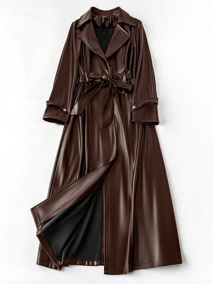 SHEIN Unity Plus Size Casual Loose Fit Notched Collar Trench Coat, Autumn Winter Fall - Coffee Brown - View 1