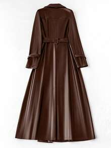 SHEIN Unity Plus Size Casual Loose Fit Notched Collar Trench Coat, Autumn Winter Fall - Coffee Brown - View 2