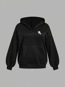 SHEIN EZwear 休闲简约女式复古硬币马匹印花宽松长袖卫衣，带口袋，适合秋冬季节、街头风、机场时尚，时尚图案 - 黑色 - 查看 2