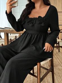 Weeklong 2pcs Plus Size Square Neck Ruffle Hem Floral Decor Top And Pants Set Fall - Black - View 5