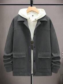 Manfinity Homme 男士休闲纯色夹克，适合秋冬穿着 - 深灰色 - 查看 3