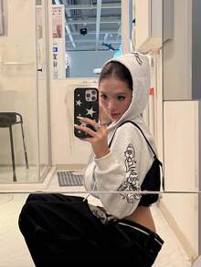 INAWLY 女式 Y2K 休闲日常通勤时尚街头字母印花拉链抽绳连帽短款运动衫 - 淺灰色 - 查看 2