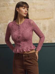 lacRébo Dusty Pink Lace Blouse With Pearl Buttons And Ruffled Hem, Long Sleeves, Chic Fall-Winter - Pink - View 3