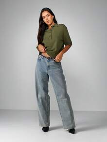 MISSGUIDED Polo de manga corta de punto con corte recto y estilo retro, jersey con cuello de botones clásico y estilo universitario, prenda esencial de moda para oficina en otoño e invierno - Verde militar - Ver 5
