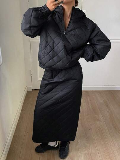 DAZY 2 件套女士绗缝加厚纯色宽松连帽长袖运动衫夹克和 A 字长裙/裙子休闲秋冬装