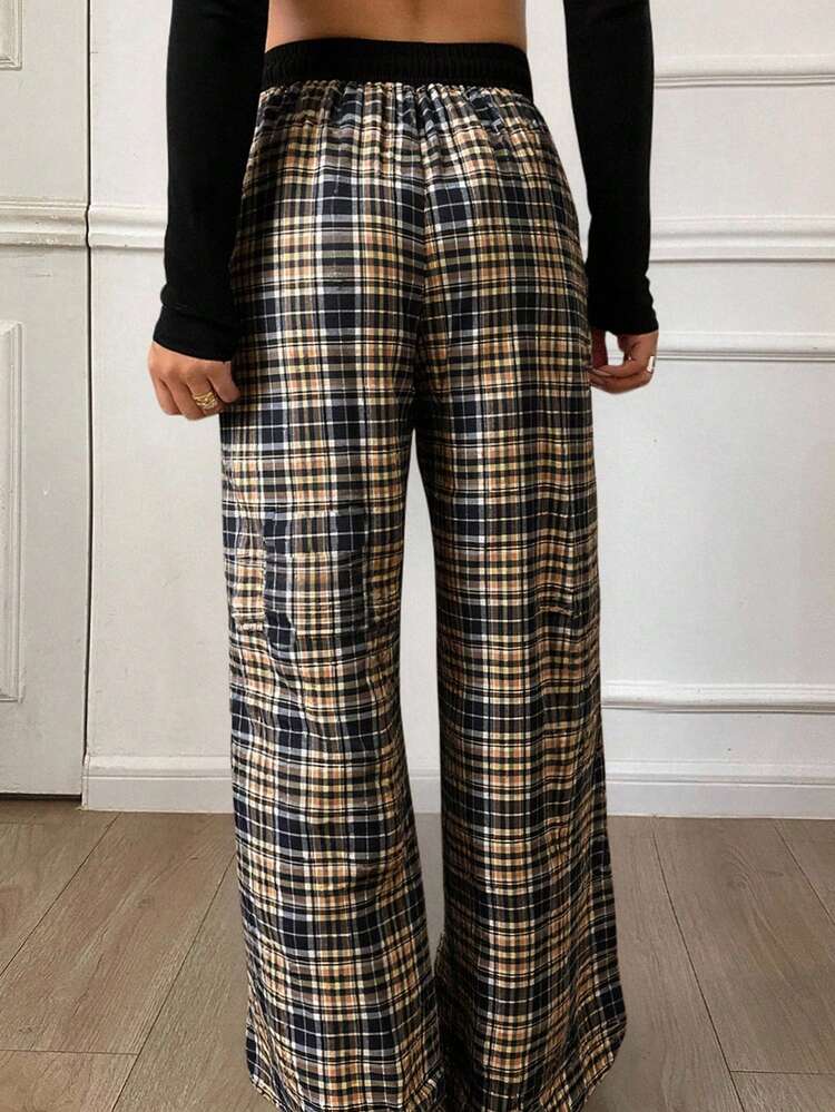 Women Contrast Color Waist Loose Plaid Drawstring Elastic Waist Wide Leg Pants Fall