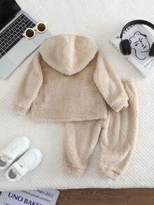 2 件套男婴可爱浅卡其色蓬松连帽衫和松紧腰裤套装，适合秋冬户外滑雪 - 彩色 - 查看 8