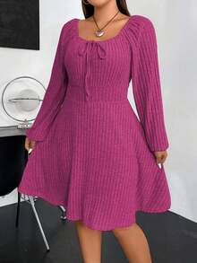 Vionelle Plus Size Women Solid Color Front Tie Raglan Sleeve Ribbed Casual Dress - Hot Pink - View 4