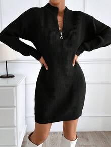 EURMUSE Rochie casual tricotată de culoare solidă cu fermoar pentru femei - Negru - Vizualizare 4