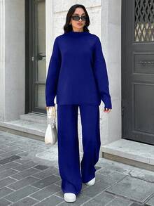 SHEIN Tall 2pcs Women Casual Solid Color Long Sleeve Top And Wide Leg Pants Co-Ord Set, Tall Women - Blue - View 5