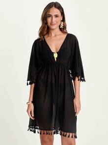 CAJUNI Vestido de playa informal de cuello en V y mangas de murciélago en color negro para mujer - Vacaciones - Traje de baño - Tropical - Negro - Ver 3